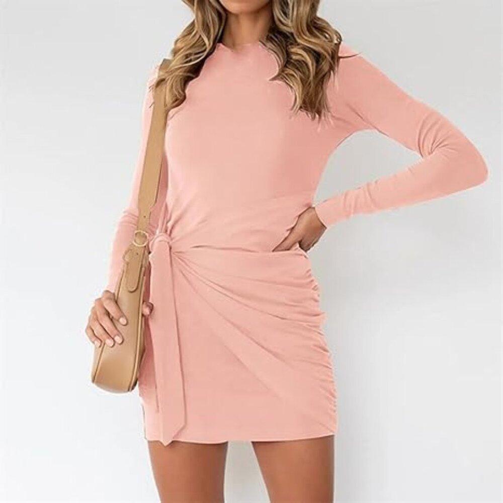 merokeety // pink long sleeve wrap ruched mini dress S